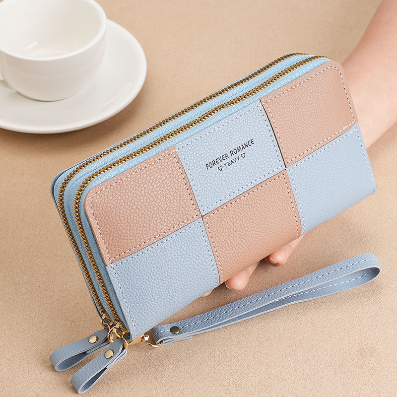 Fashion Brand Lady Hand-Carrying Wallet Women's Double Zipper New Long Three-Color Stitching Simple Zipper Mobile Phone Bag Money