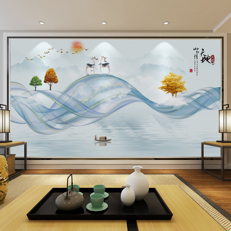 轻奢招财鹿山水电视背景墙壁纸中式水墨墙布影视墙纸客厅壁画大气
