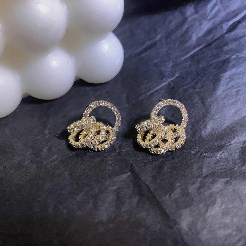 925 Silver Stud Rhinestone-Encrusted Geometric Hoop Earrings Korean Style Fashionable Graceful and Fashionable Ear Studs Internet Celebrity Personality Affordable Luxury Earrings for Women