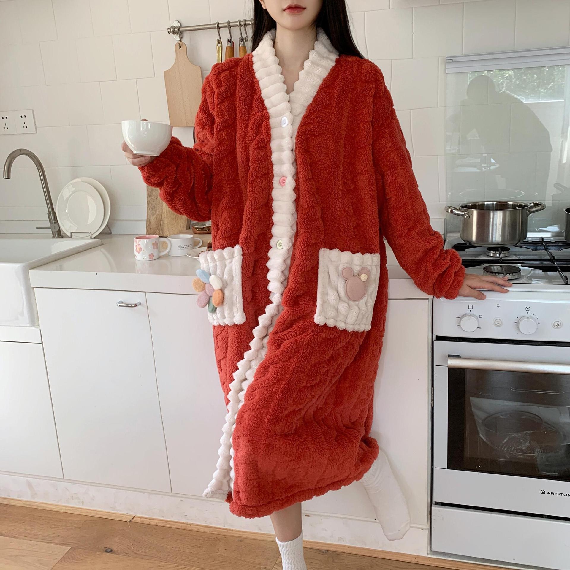 开衫睡袍v领单袍睡裙冬季新款提花绒睡衣女甜美可爱长款家居裙