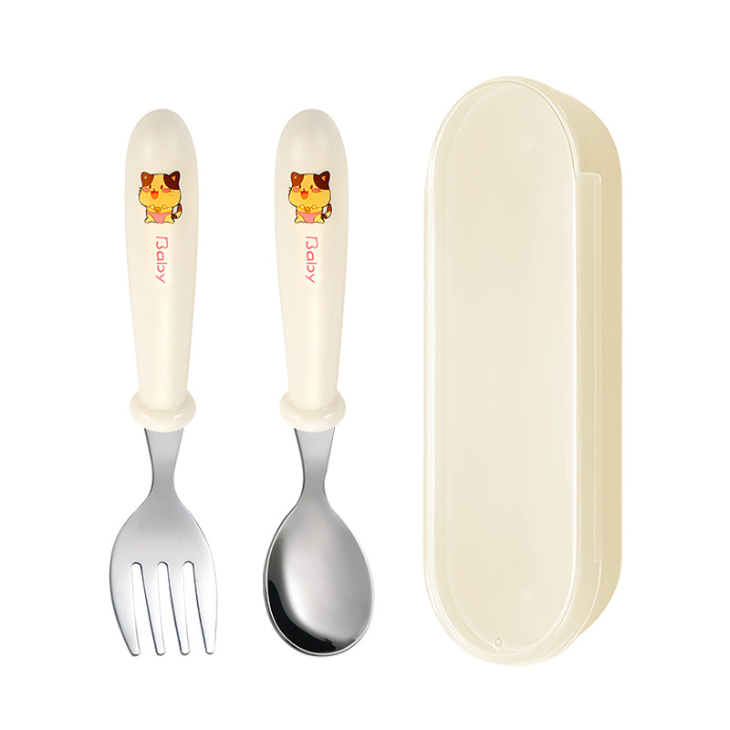 Factory Direct 304 Stainless Steel Children's Spoon Fork Cartoon Creative Baby Food Supplement Feeding Spoon Fork Portable Suit