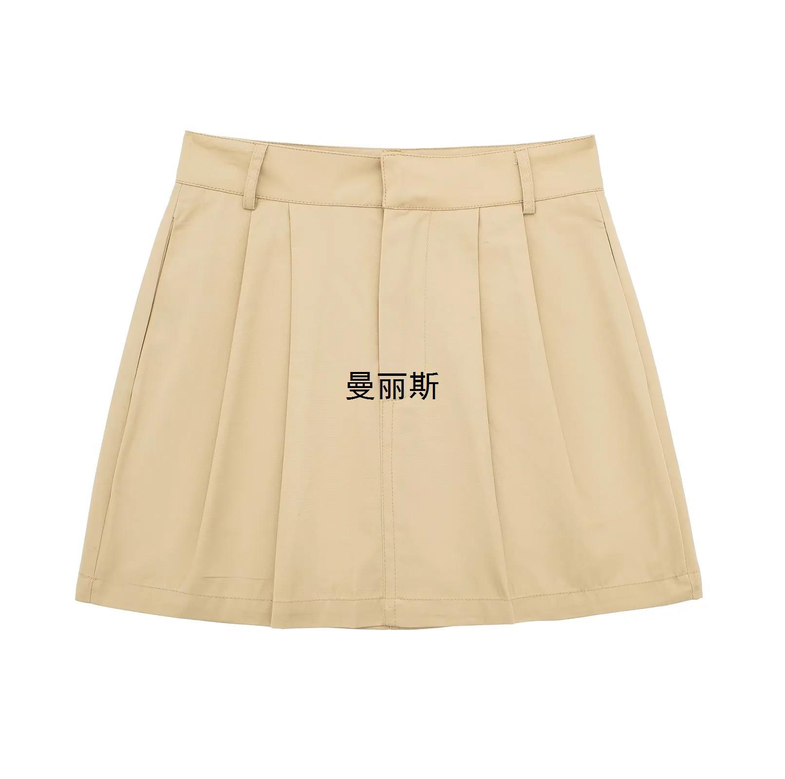 外贸跨境货源欧美风2024夏季新款女装复古修身高腰百搭褶裥迷你裙