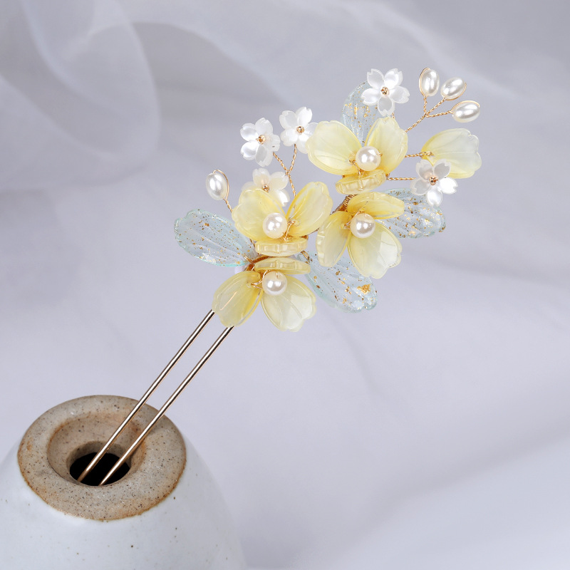 古风发簪古典发钗 浅黄花朵琉璃发饰步摇簪子 宋制头饰汉服配饰女