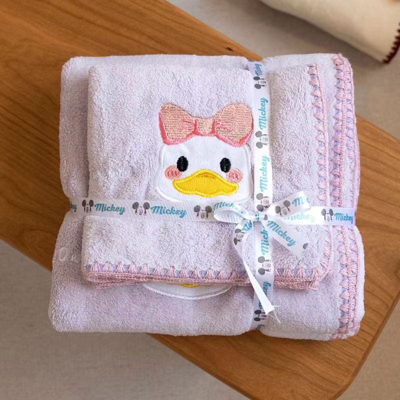 Cute Coral Fleece Cartoon Towel Two-Piece Towel Set Soft Absorbent Dormitory Couple Bathing Household Lint-Free