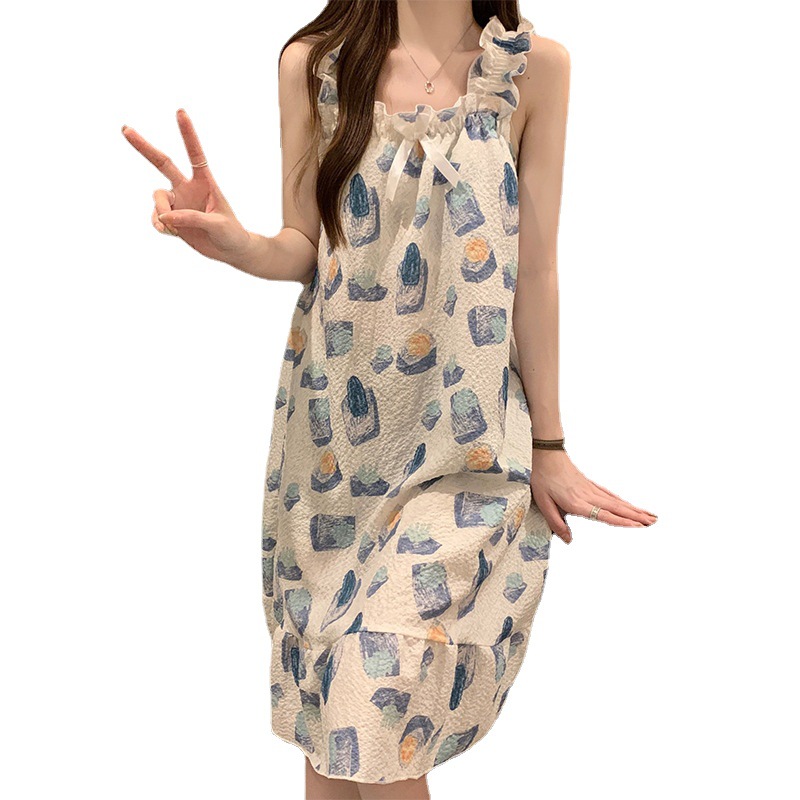 Summer with Chest Pad Removable Slip Nightdress Thin Sweet Fairy Wind Woven Bubble Cotton Can Be Outerwear Homewear