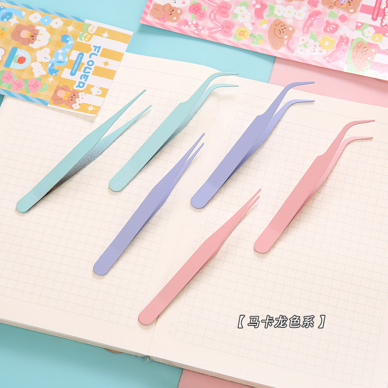 Notebook Tweezers Stainless Steel DIY Handmade Hand Account Clip Color Macaron Straight Bent Eyelash Tweezers Wholesale