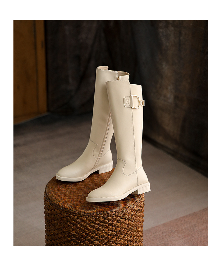 白色圆头骑士靴女2021秋冬新款女靴不过膝平底长靴小个子高筒靴子