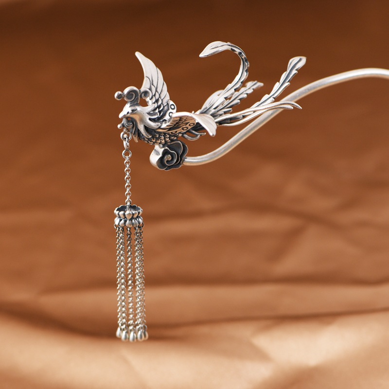 金鹿王 s925银发簪 复古中式民族汉服婚礼吉庆凤凰长流苏发饰女士