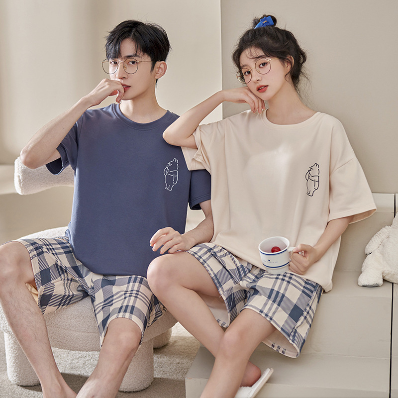 Couple Pajamas Women's Summer Short Sleeve Shorts New Suit Simple Loose Men's Home Wear No Printing Can Be Worn outside