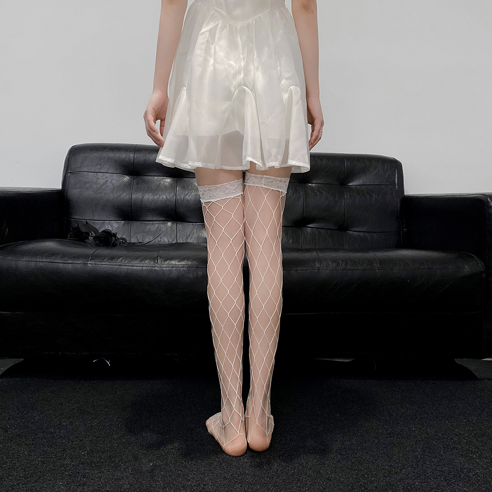 加长欧码蕾丝花边中网眼高筒长筒网袜大腿袜渔网袜丝袜代发