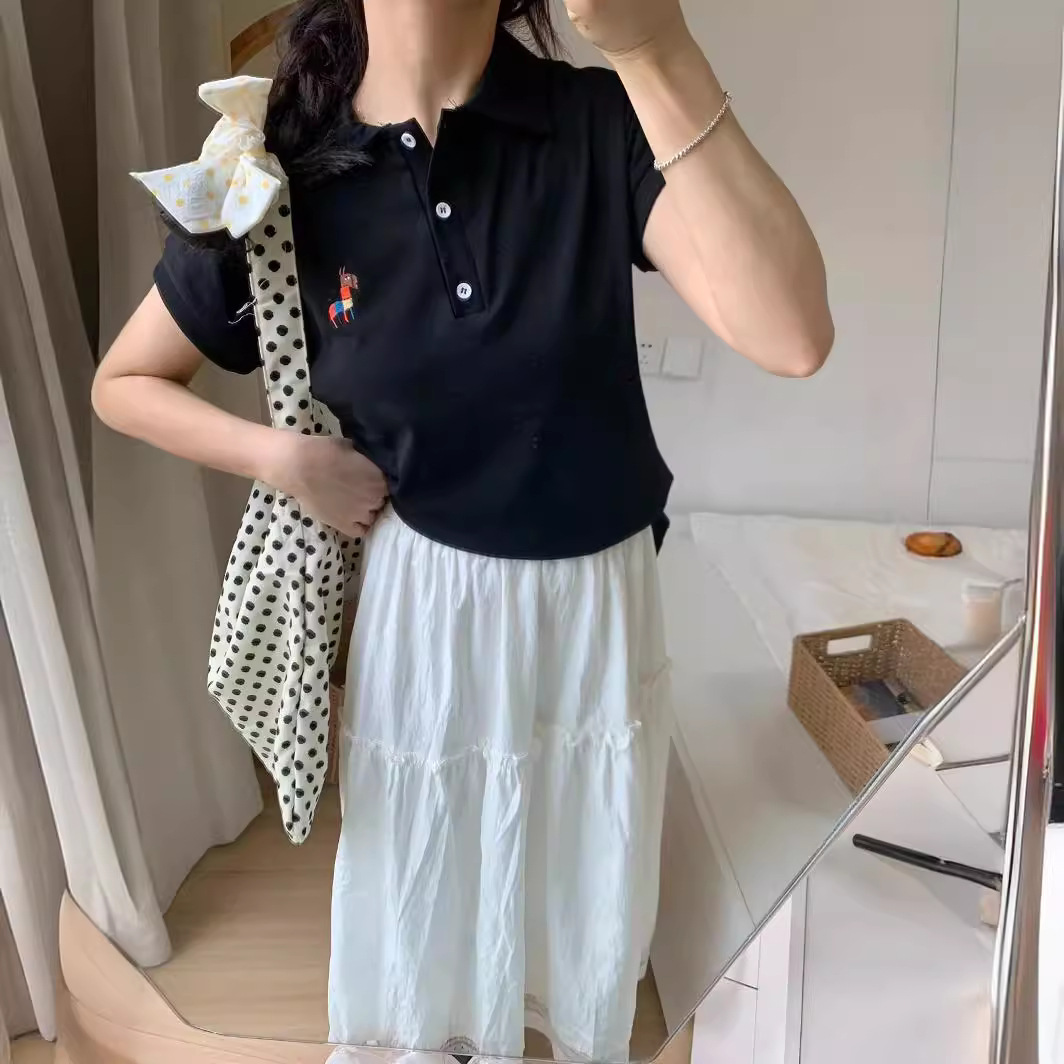 跨境外贸女装批发2024夏季新款刺绣小马polo领休闲t恤
