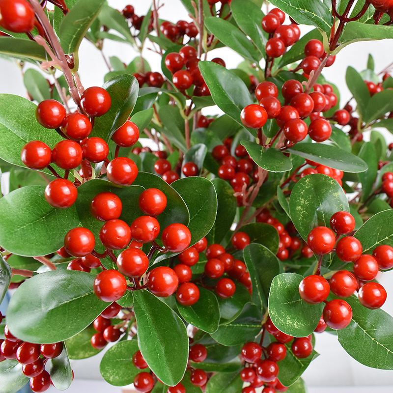 年宵带叶发财果吉祥果摇钱果冬青果仿真大支红果落地插花福桶配材