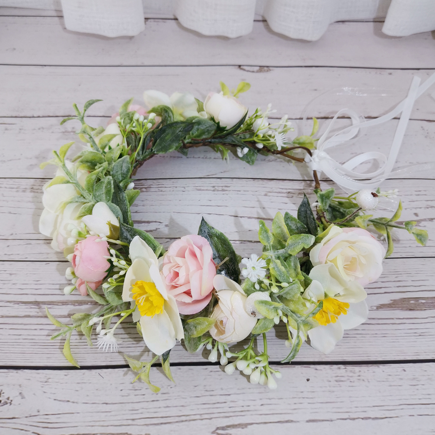 森系绿叶花朵花环头饰仿真花花环发饰新娘伴娘婚纱头饰摄影饰品