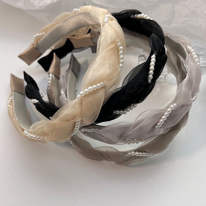 Headband Korean Organza Pearl Woven Twisted Headband Super Fairy Gentle French Style out Spring Women's Headdress