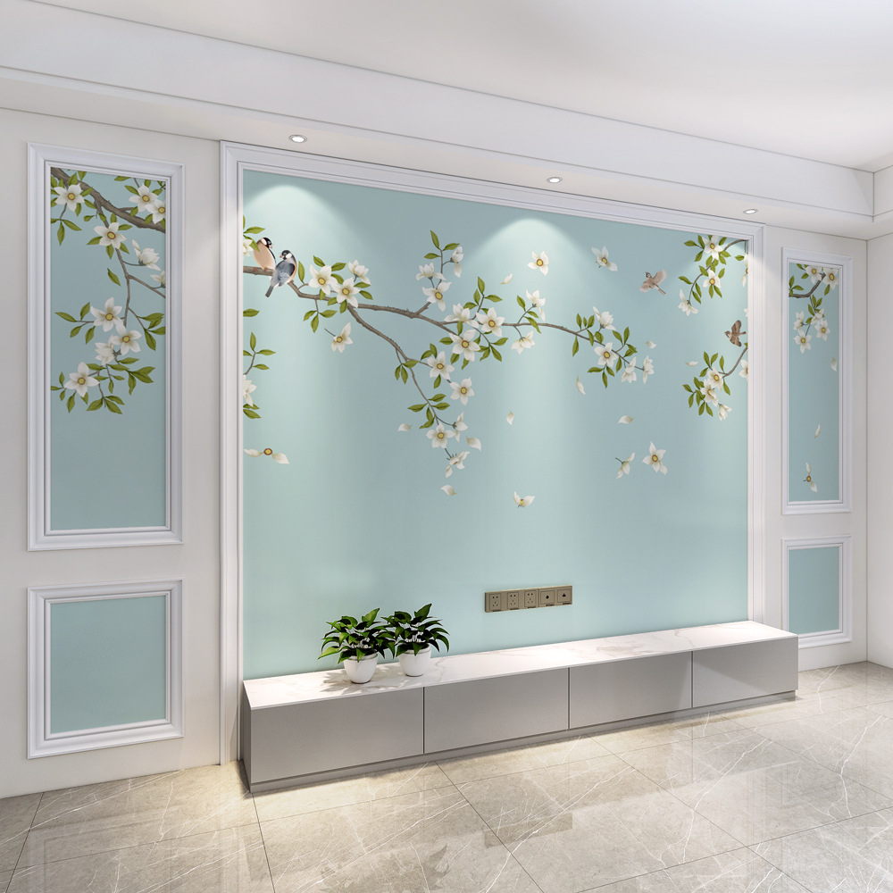 玉兰花鸟电视背景墙壁纸新中式客厅沙发影视墙布8d卧室床头墙纸