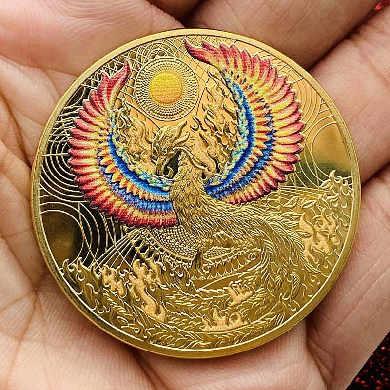 代发 凤凰涅磐鸟彩绘动物镀金纪念章 把玩币硬币金币亚马逊外贸币