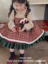 韩版冬季装新款女童洛丽塔公主裙2023甜美格子娃娃领蝴蝶机礼服裙