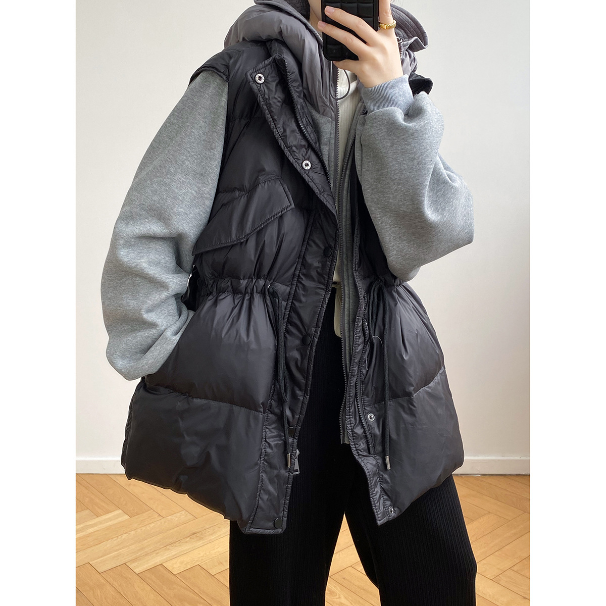 言双 假两件卫衣拼接羽绒服女2022冬季新款收腰显瘦连帽外套p8100