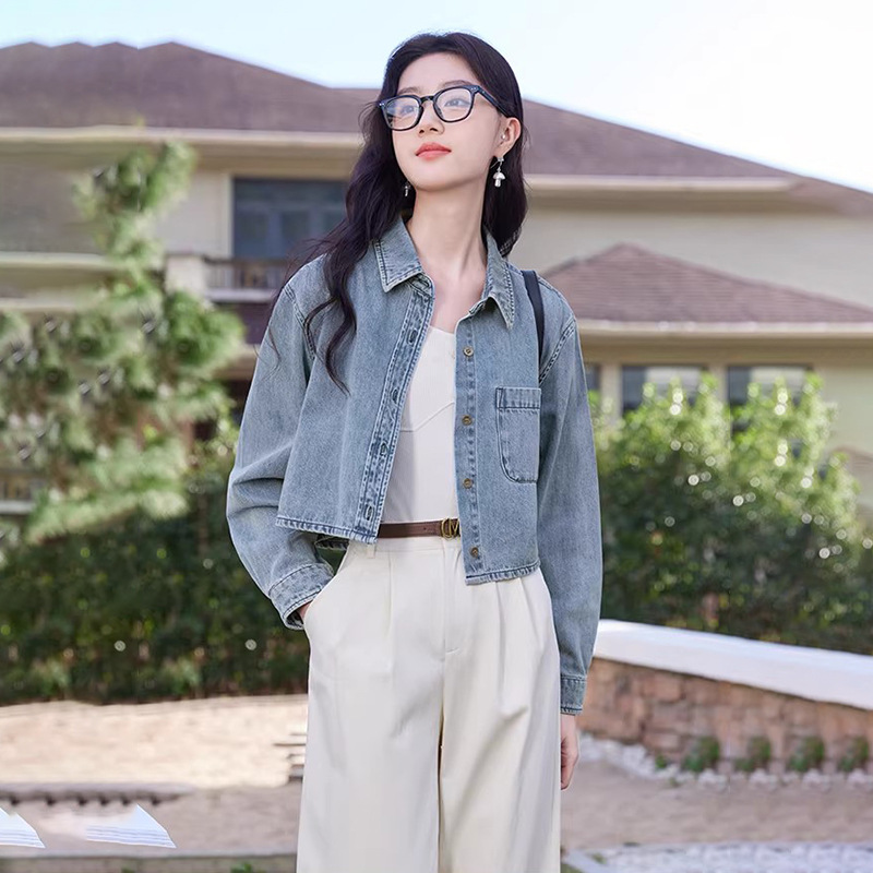 牛仔衬衫外套女短款2024春季新款复古翻领小个子牛仔衣c641661701