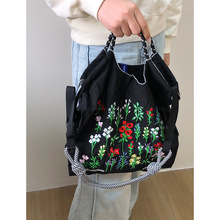 日系小众高圆圆同款花卉韩系购物袋单肩环保袋帆布刺绣尼龙手提包