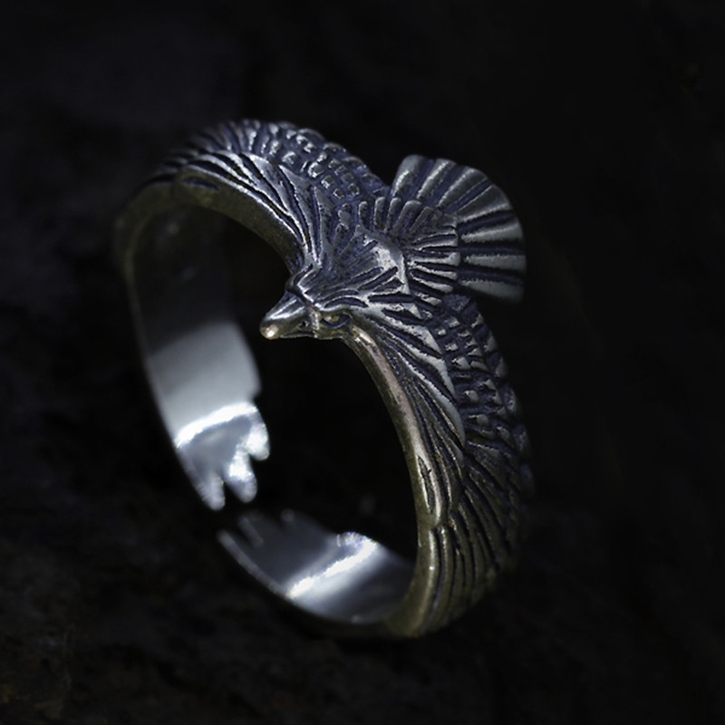 菲鸿新款鹰指环羽毛戒指小鹰开口戒泰银日系复古情侣戒银鹰食指戒