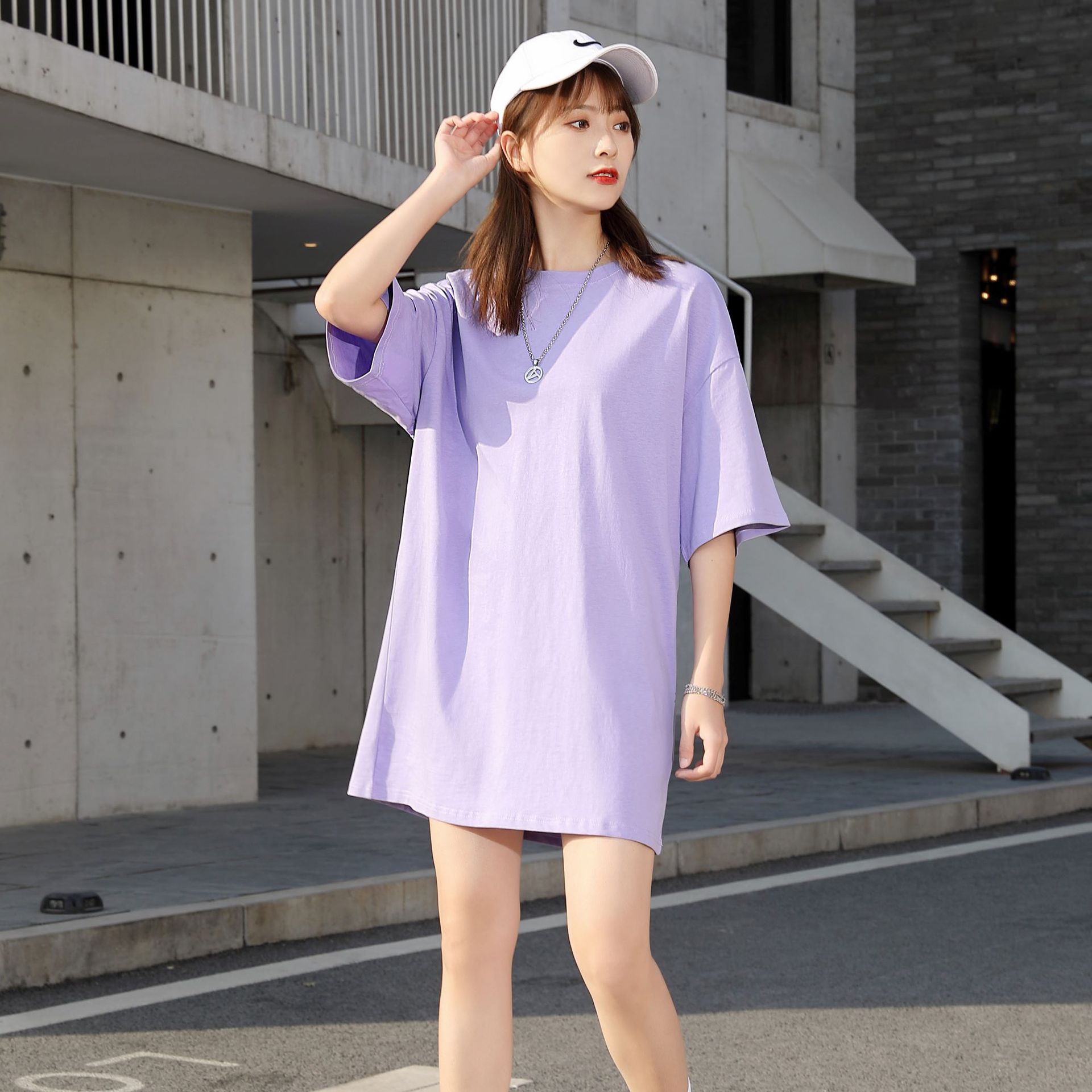 夏季新款五分袖纯棉t恤落肩女款宽松短袖纯色重磅t恤班服定制广告