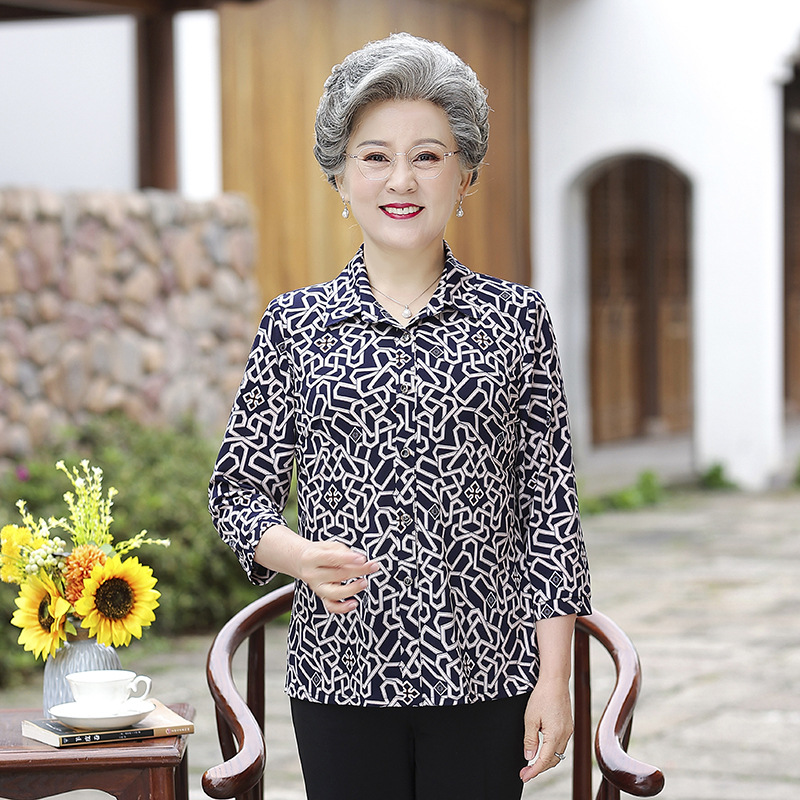 中老年人女装妈妈装衬衫50岁60衬衣女奶奶气质春夏装七分袖雪纺衫