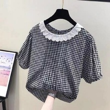 韩国东大2023夏季新款女甜美蕾丝边娃娃领短袖拼接格子衬衫