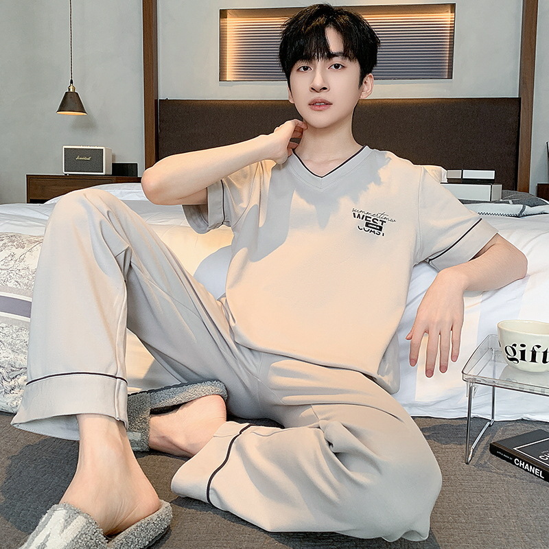 short-sleeved trousers spring summer men‘s pajamas simple youth cotton loose home wear thin korean style two-piece suit