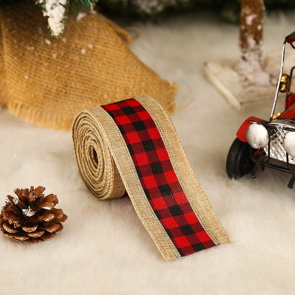 Christmas Supplies 6.5cm Black and White Plaid Linen Covered Christmas Ribbon Bow Ribbon Christmas Tree Decorations