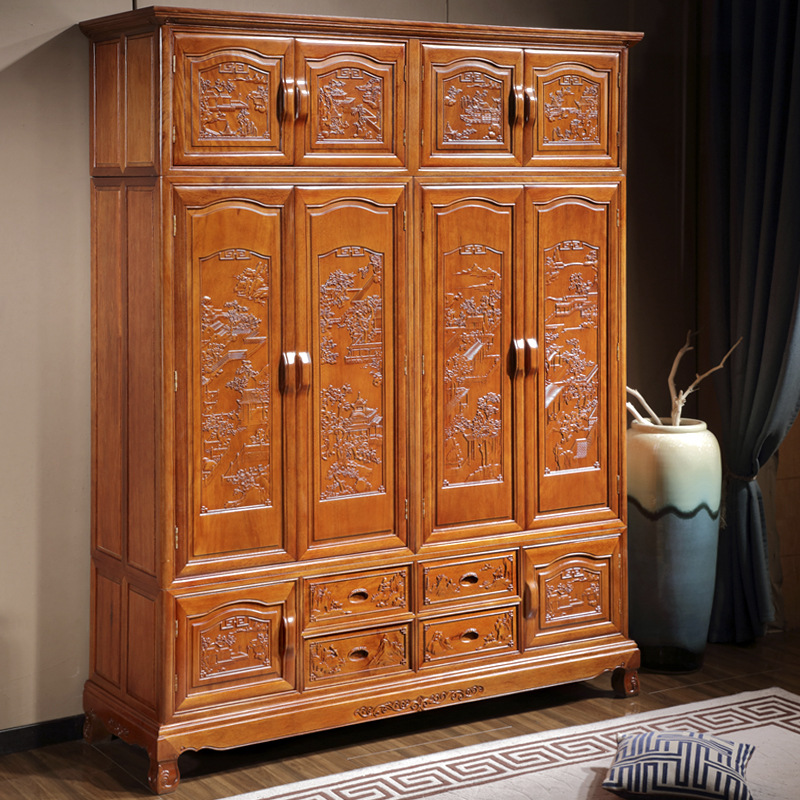 红木衣柜新中式全实木衣柜大衣橱三门四门主卧室金花梨木红木家具