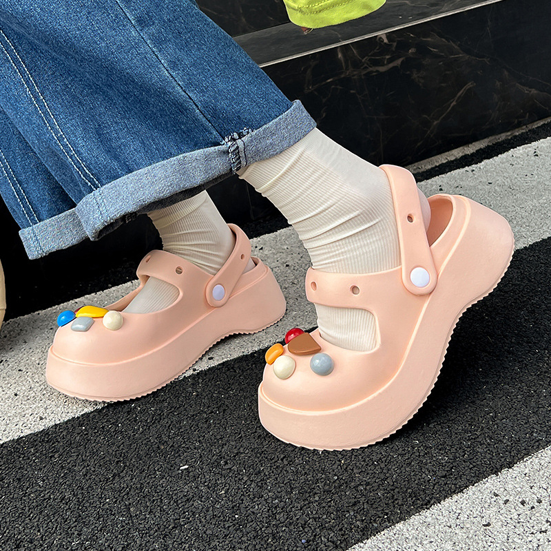 2023 New Internet Celebrity Poop Feeling Closed-Toe Slippers Women's Summer Platform Coros Shoes Non-Slip French Black Breathable Shoes
