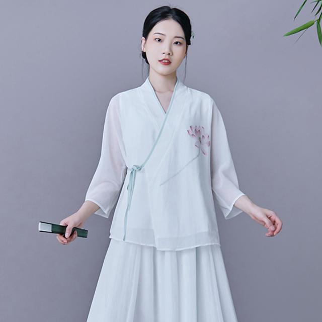 夏季新款禅意茶服薄款上衣中国风文艺复古汉服系带茶艺服装女-阿里巴