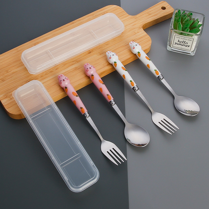 日式卡通兔子餐具套装 学生不锈钢筷便携高颜值ins风长柄勺子叉子