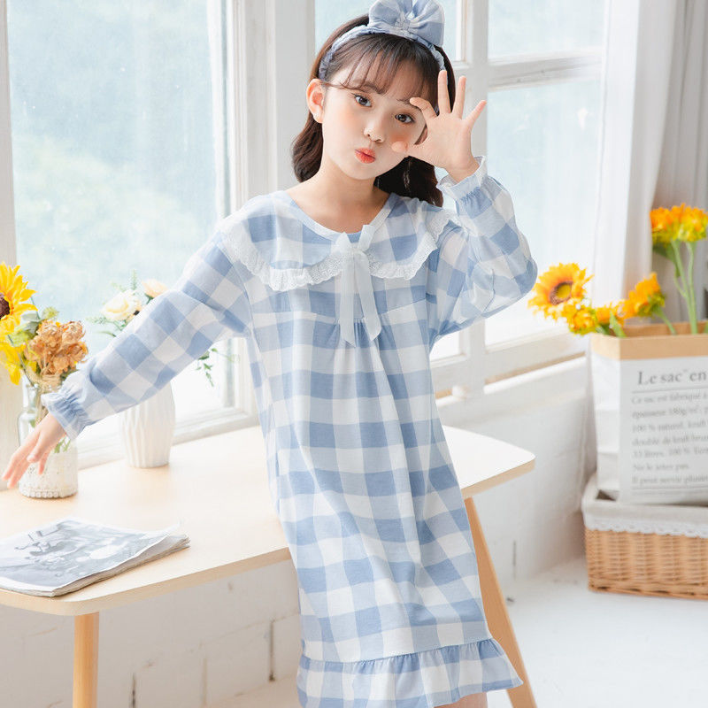 Children's Lingerie Long Sleeve & Girls' Spring and Autumn Pure Color Cotton Ocean Princess Children Home Wear Girl Cartoon Korean Skirt