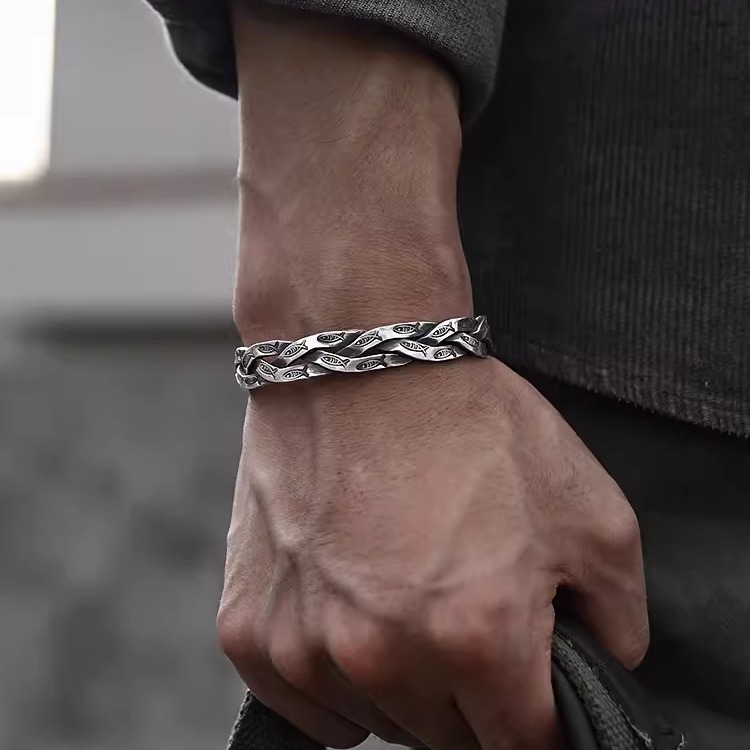 泰国手工编织如鱼得水手镯男士纯银复古百搭开口手环缠绕手镯