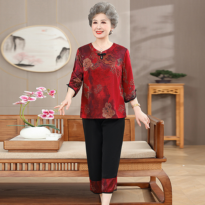 奶奶装夏季两件套60岁妈妈夏装套装中老年女装老太太春秋衣服裤子