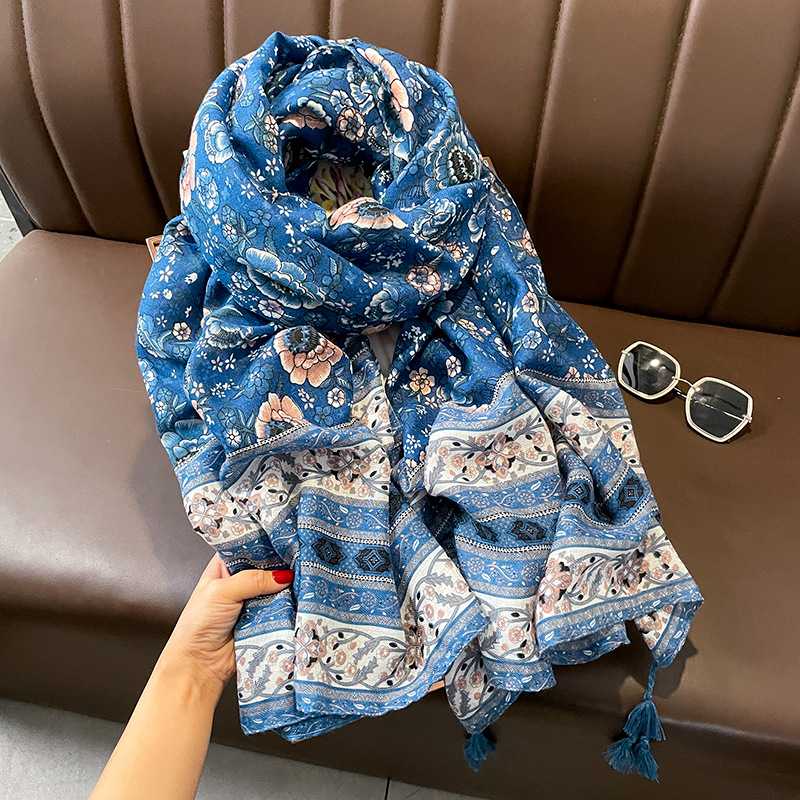 Ethnic Style Spring and Autumn New Blue Color Cotton and Linen Feel Thin Scarf Flower Stitching Floral Retro Easy Matching Shawl