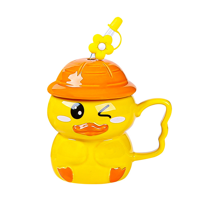 Cyber Celebrity Little Yellow Duck Style Water Cup Ceramic Ins Cute Girl Milk Breakfast Cup Couple Home Horse with Lid