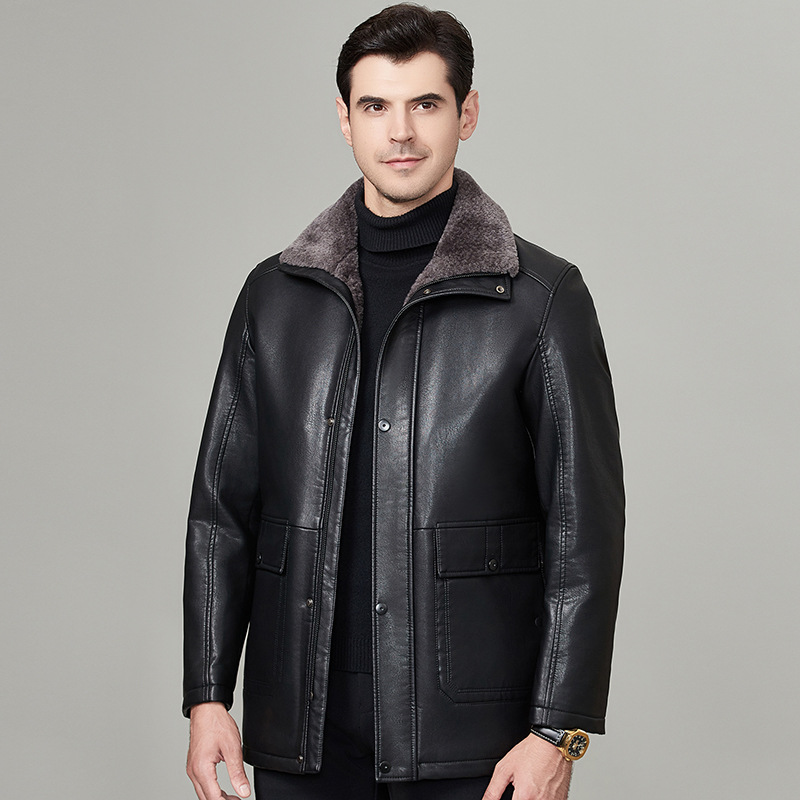 正品海宁真皮皮衣男秋冬季绵羊皮皮毛一体加绒加厚中年爸爸装外套
