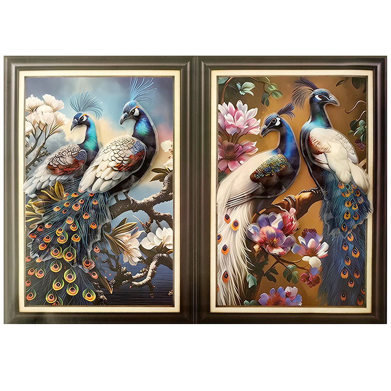 3d Layer Stickers Two-Piece Peacock Painting with Photo Frame Stickers Living Room Entrance Decorative Painting Wall Ugly Wall Stickers Wholesale