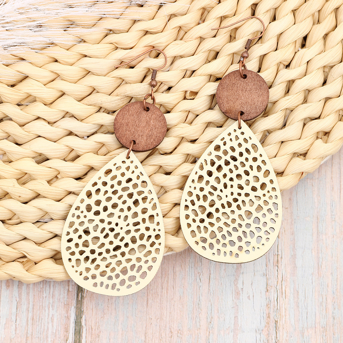 Drop-Shaped Hollow Leather Wood Piece Combination Mesh Earring Pendant for Ladies Earrings Cross-Border European and American Amazon AliExpress