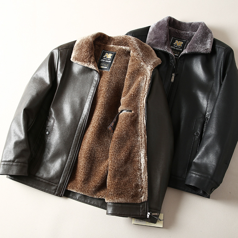 冬季皮毛一体保暖加绒翻领皮衣男士中年通勤外套-阿里巴巴