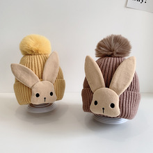 一件代发儿童冬季保暖毛线帽可爱大兔子耳朵棉里布加厚针织帽韩版