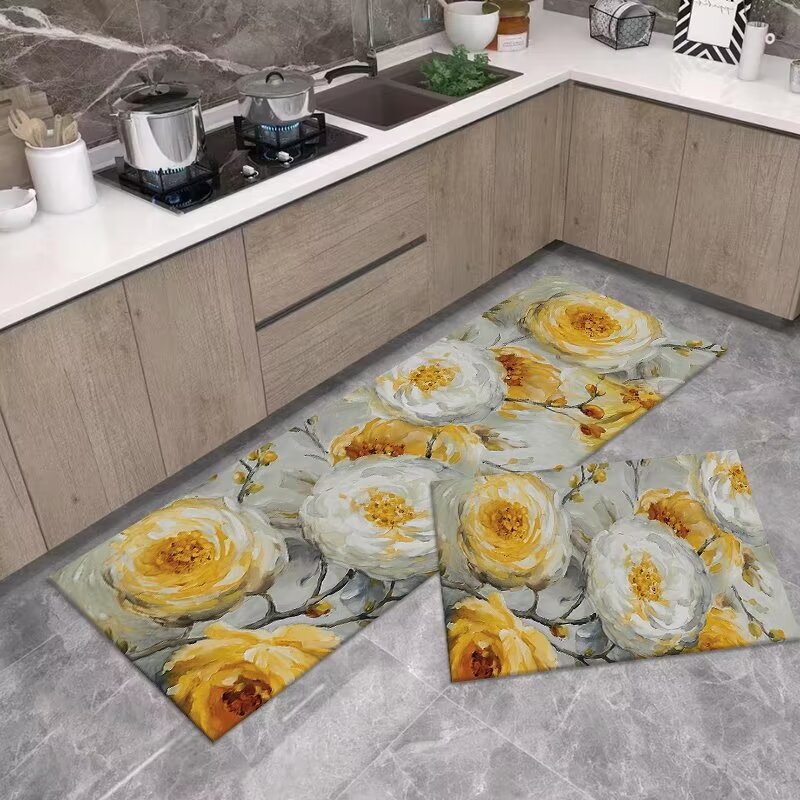 Diatom Ooze Floral Printed Soft Mat Kitchen Two-Piece Set Floor Mat Absorbent Oil-Absorbing Non-Slip Mat Set Carpet
