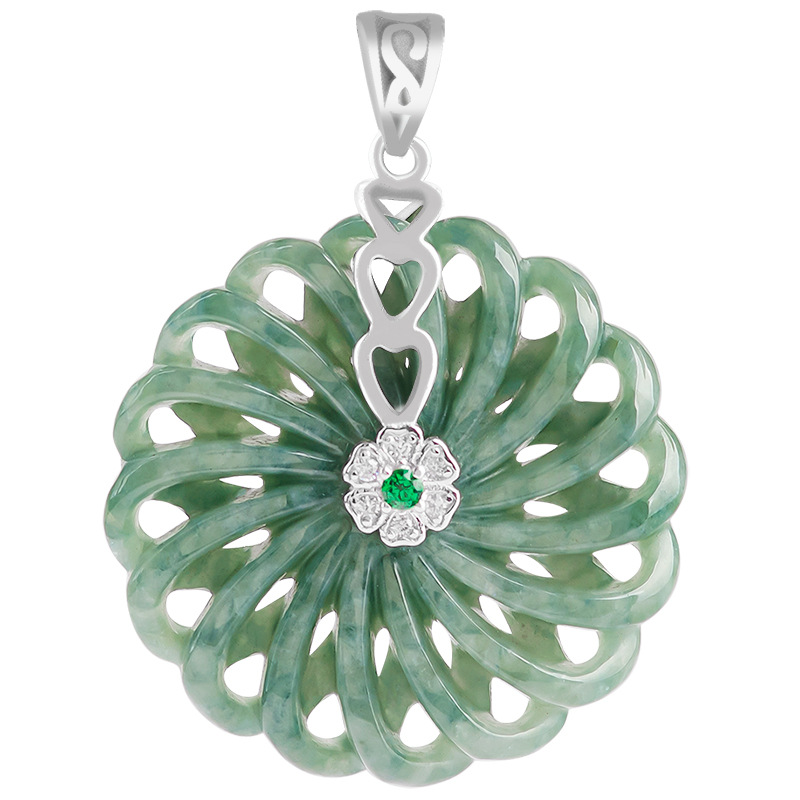 S925 Silver Inlay Natural a Cargo Emerald round Jade Pendant Good Luck Comes Jade Pendant Pendant Necklace Men's and Women's Pendant