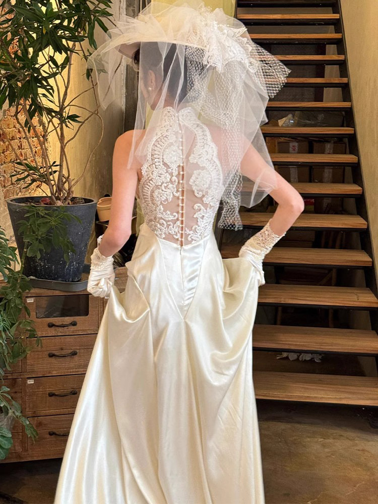 法式轻婚纱晨袍女新娘结婚礼服敬酒服白色蕾丝拖尾出阁宴会连衣裙