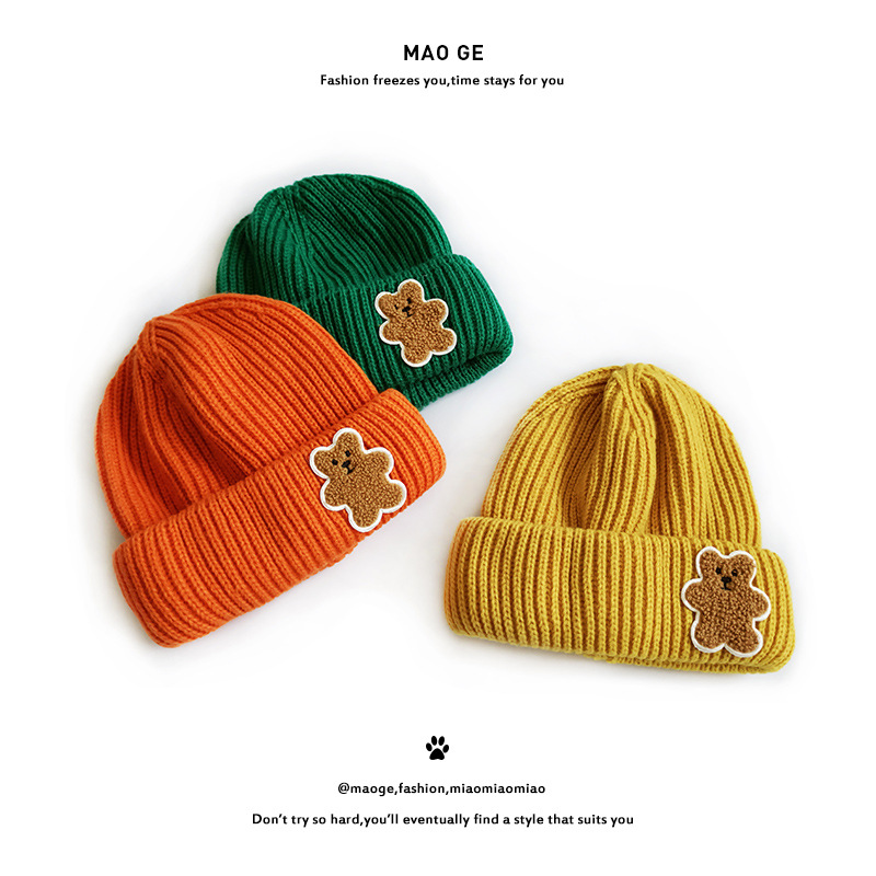 Chengwen Children's Hat New Cute Bear Knitted Hat Boys and Girls Baby Solid Color Flanging Fashion Trend Woolen Cap