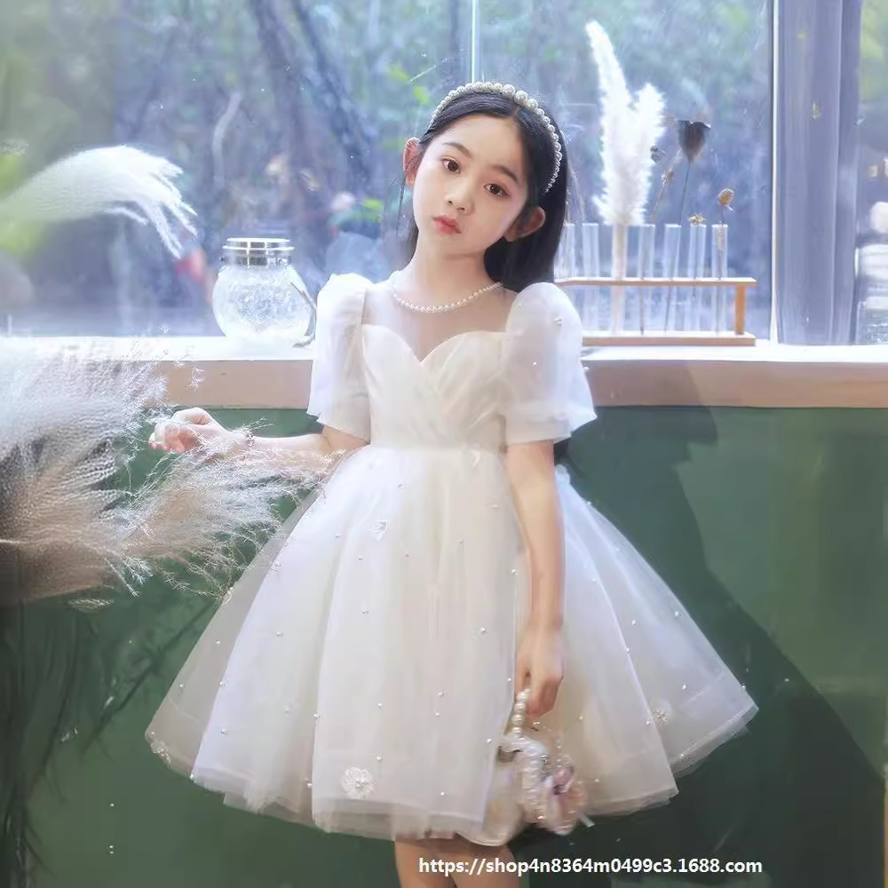 儿童花童婚礼小女孩礼服公主裙夏装白色纱裙连衣裙女童裙子演出服