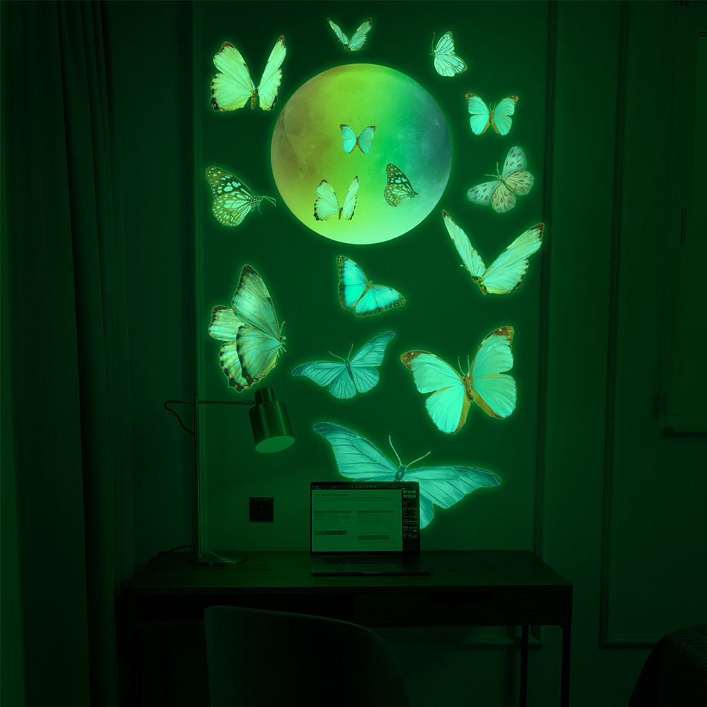 彩色蝴蝶飞向四色月球夜光贴纸 afg3532渐变色彩色月球夜光墙贴